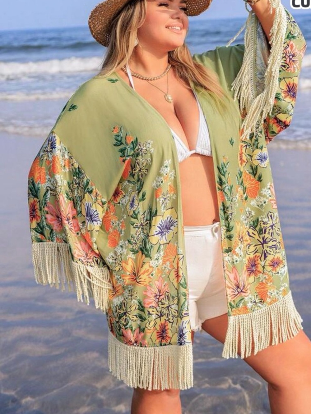 Olive Floral Fringe Beach Kimono - Women Swim Cover-Up